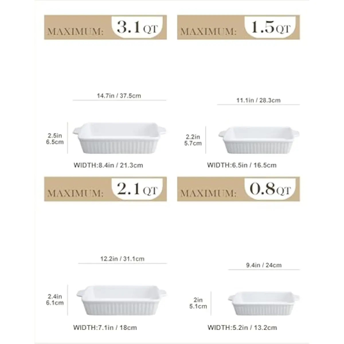 Ceramic Rectangular Ovenproof Baking Dishes Set of 4 – Dishwasher Microwave Freezer Safe – Polished Finish – 0.8QT to 3QT Capaci