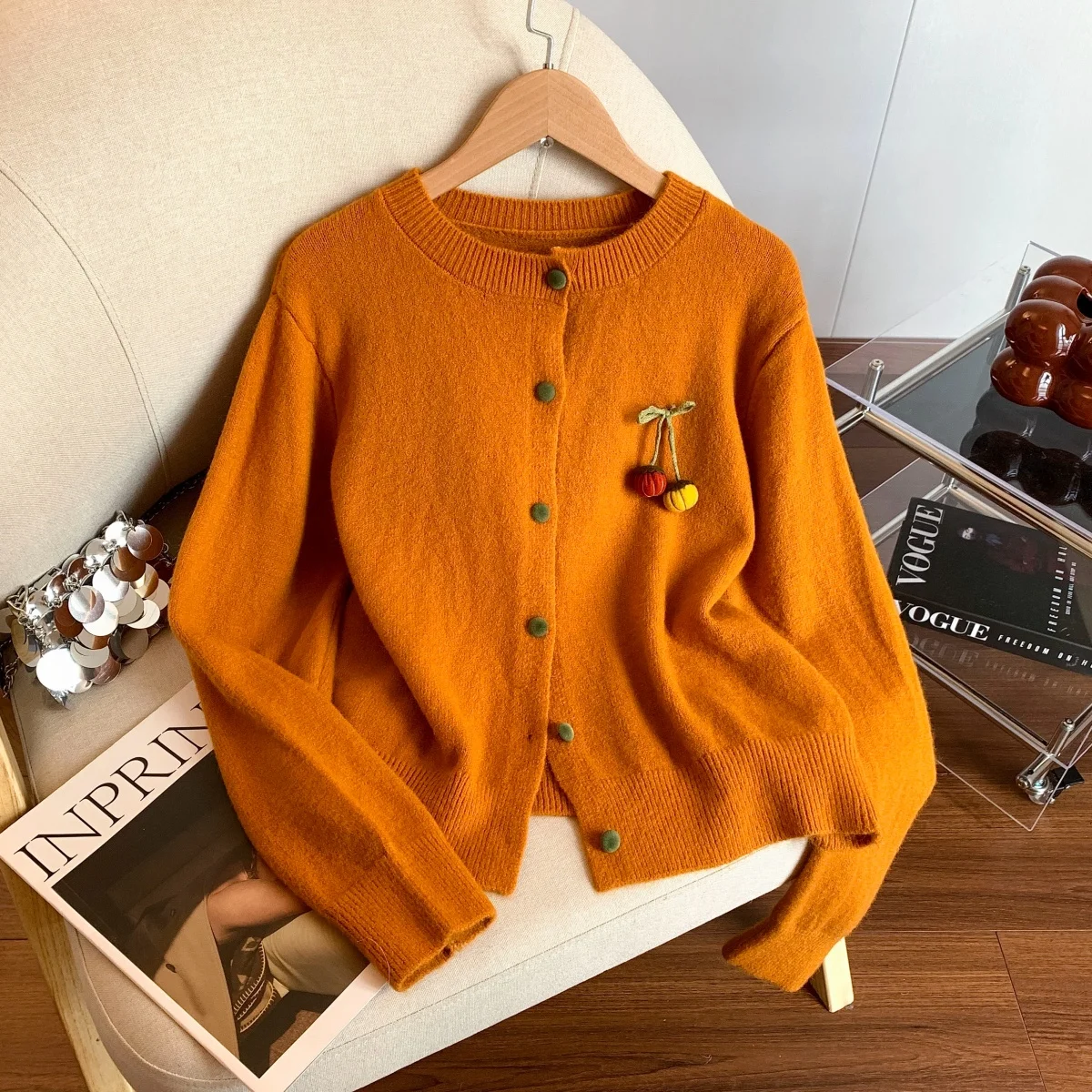 

Женский оранжевый кардиган, свитер, винтажный эстетический джемпер 2000-х годов Y2k с круглым вырезом, трикотаж, свитер с длинными рукавами, осенне-зимняя одежда