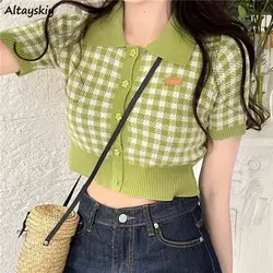 Plaid Short Sleeve T-shirts Women Summer Crop Tops Korean Style Girls Sweet Ins Fashion Simple Tender Designer All-match Knitted