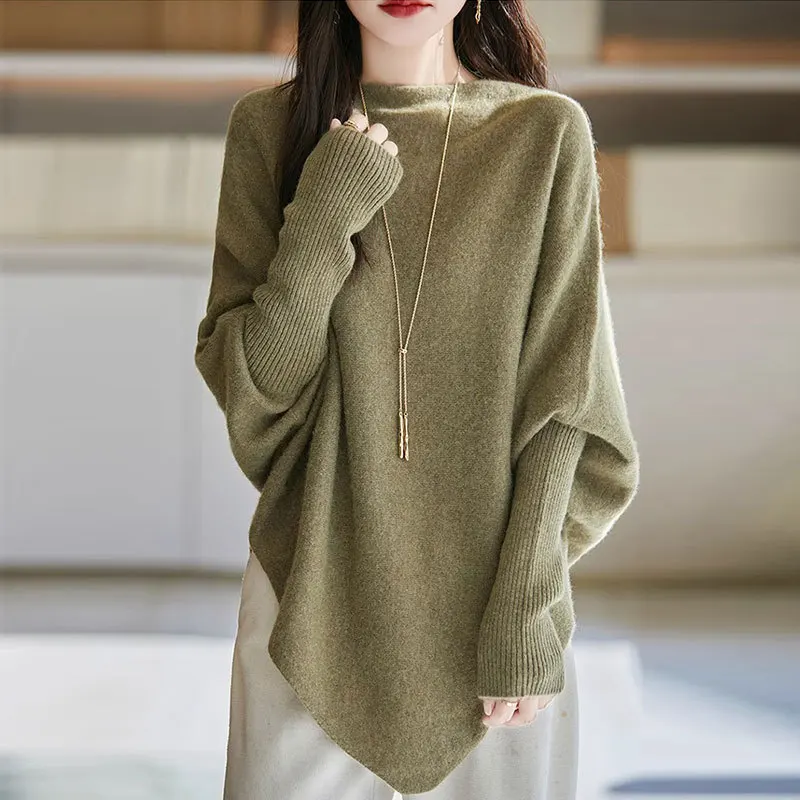 2026 Solid Color Irregular Shawl Autumn and Winter New Bat Sleeve Cape Sweater Lazy Style Loose Belly Covering and Thin Top