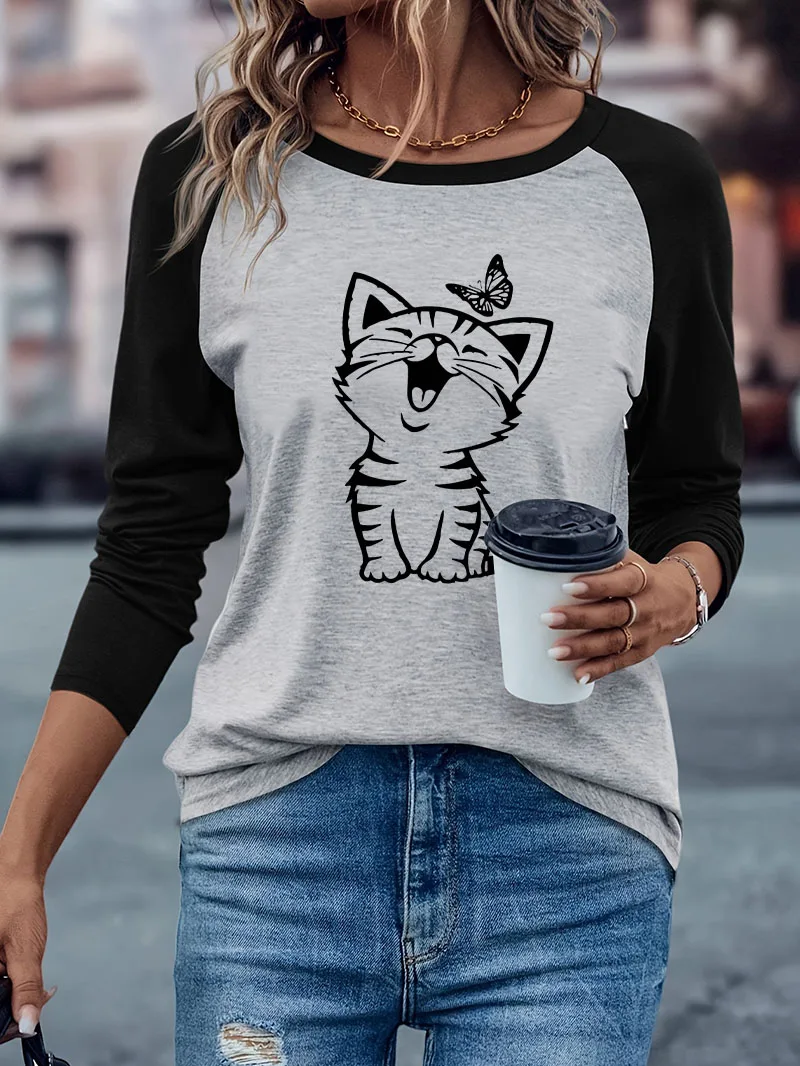 Retro Katzen-T-Shirt mit Schmetterlingsdruck, Langarm, Casual, Winter, Herbst, Grafik, Langarm, Kawaii Katzen-T-Shirt, Damen-Shirt