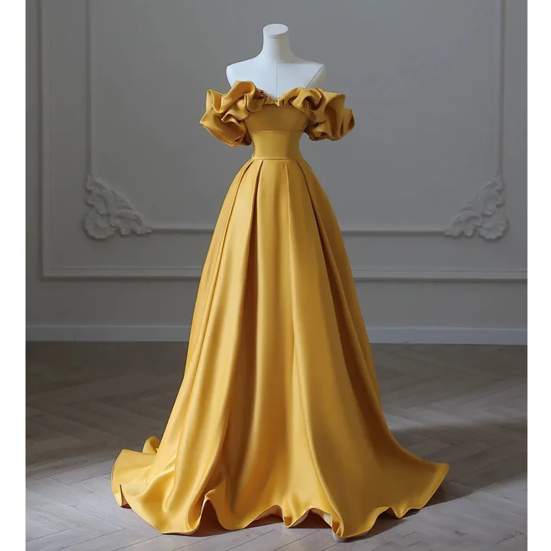 Elegant Gold Evening Dress Simple Satin Party Gown for Women robes de soirée Puff Off the Shoulder vestidos de noche