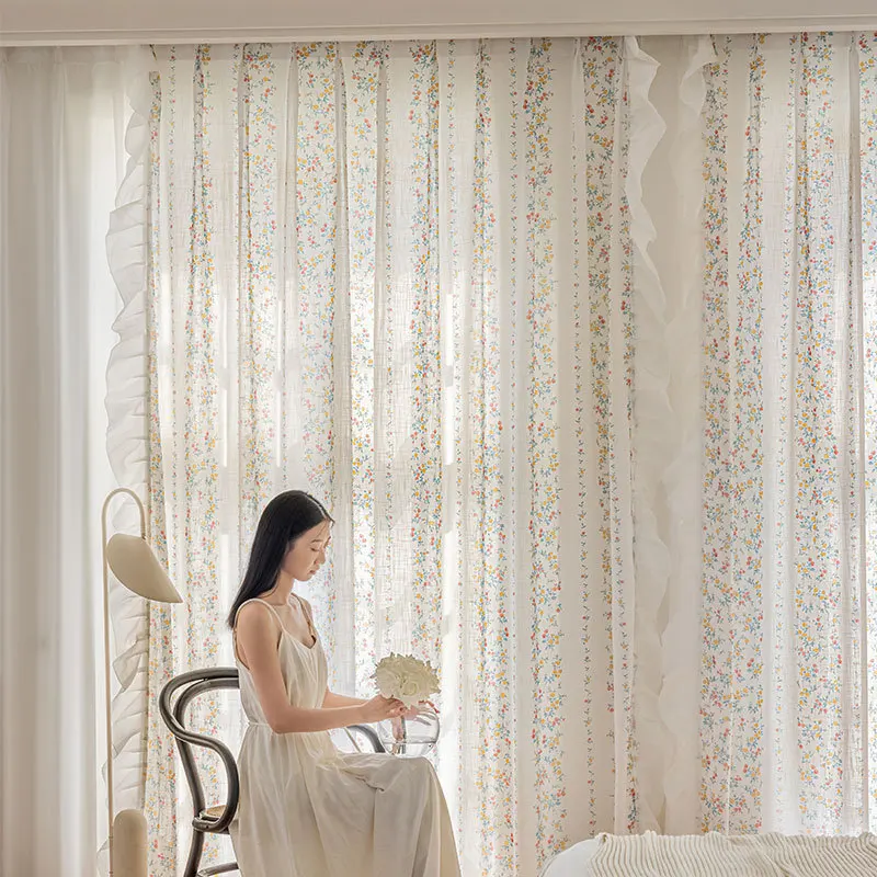

Pastoral Fresh Cotton Linen Flowers Printing Tulle Fabric Sheer Curtains for Living Room Bedroom Dining Window Blackout Luxury