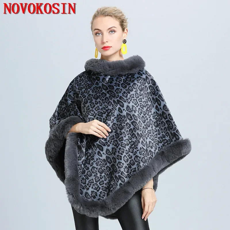 

5 Colors Winter Leopard Velvet Thick Capes Women Faux Fur Poncho Triangle Warm Pullover Streetwear Batwing Sleeve Loose Overcoat