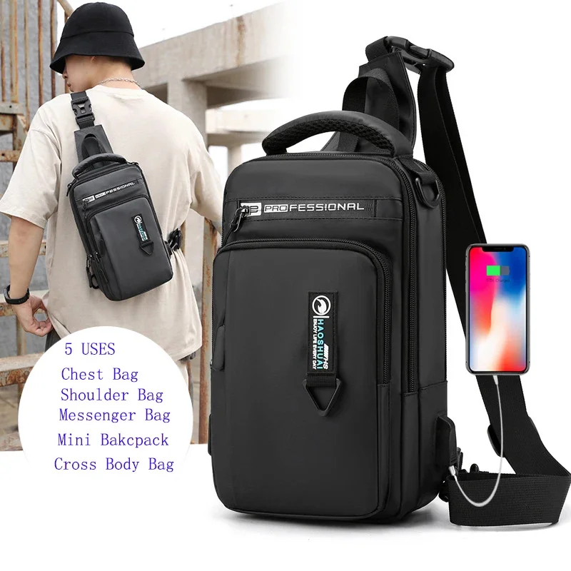 Men Shoulder Chest Sling Cross Body Backpack with USB Charging Port Travel Waterproof Nylon Male mini Rucksack Messenger Bag