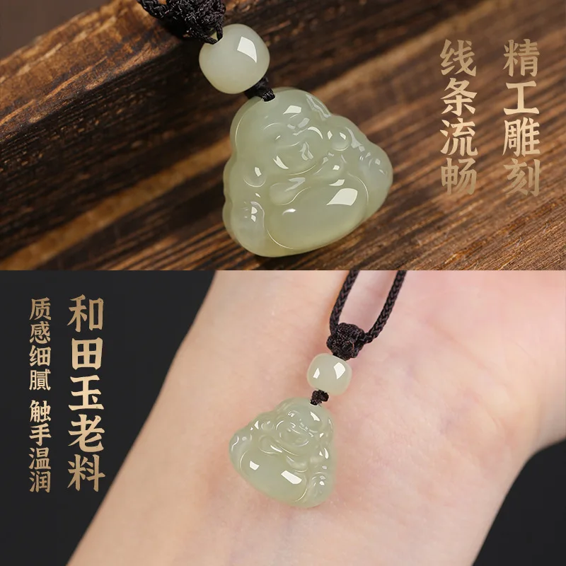 Natural Hotan Pendant Women - Laughing Necklace With Big Belly, Old Mine Jade Buddha