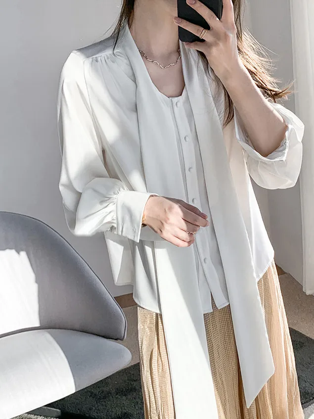 Spring Satin Shirt Women Fashion Elegant Lace Up ice silk Blouse office Ladies Imitation Silk Long Sleeve Shirt plus size 5XL