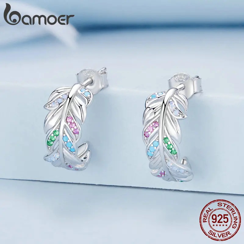 Bamoer Authentic 925 Sterling Silver Colorful Feather Stud Earrings Pave Setting CZ Platinum Plated Fine Jewelry for Women