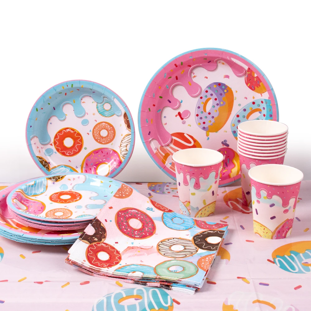 Donut Party Disposable Tableware Paper Plate Cup Napkin Banner Tablecloth Donut Grow Up Birthday Party Baby Shower Decorations