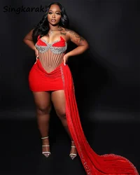 Sexy Red Prom Dress 2026 Velvet Luxury Crystal Beads Birthday Party Cocktail Gown See-Thru Homecoming Robe Lace-Up Customized