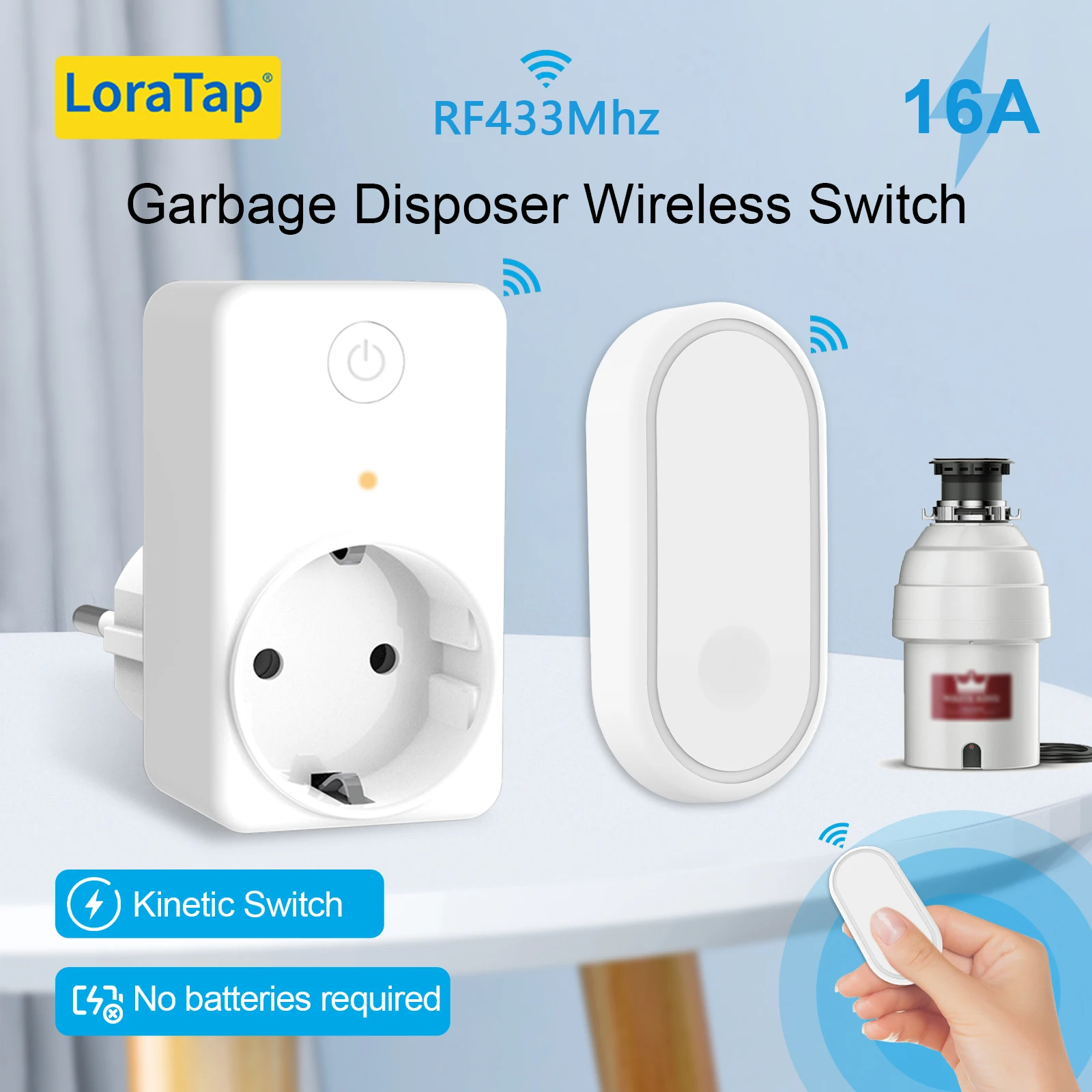 

LoraTap Wireless Kitchen Food Garbage Disposer EU Korea Plug Socket Kinetic Switch Set Remote Control No Battery No Wired