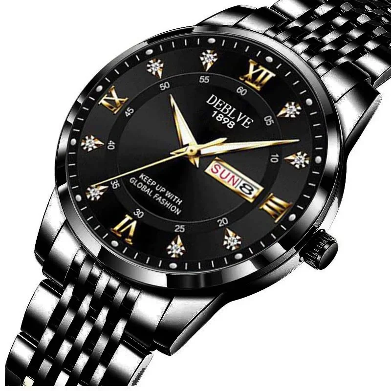 Luxury Men Watch Stainless Steel Top Quailty Push Button Hidden Clasp Waterproof Luminous Date Week Sport Wrist Watches