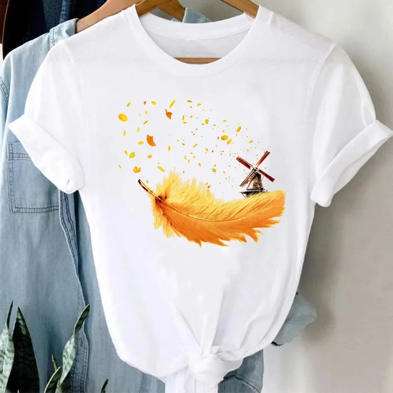 Women's T-shirt Watercolor Feather Graphic Printed T Shirt Women Short Sleeve Tshirt 90s Streetwear Female Clothes Tops