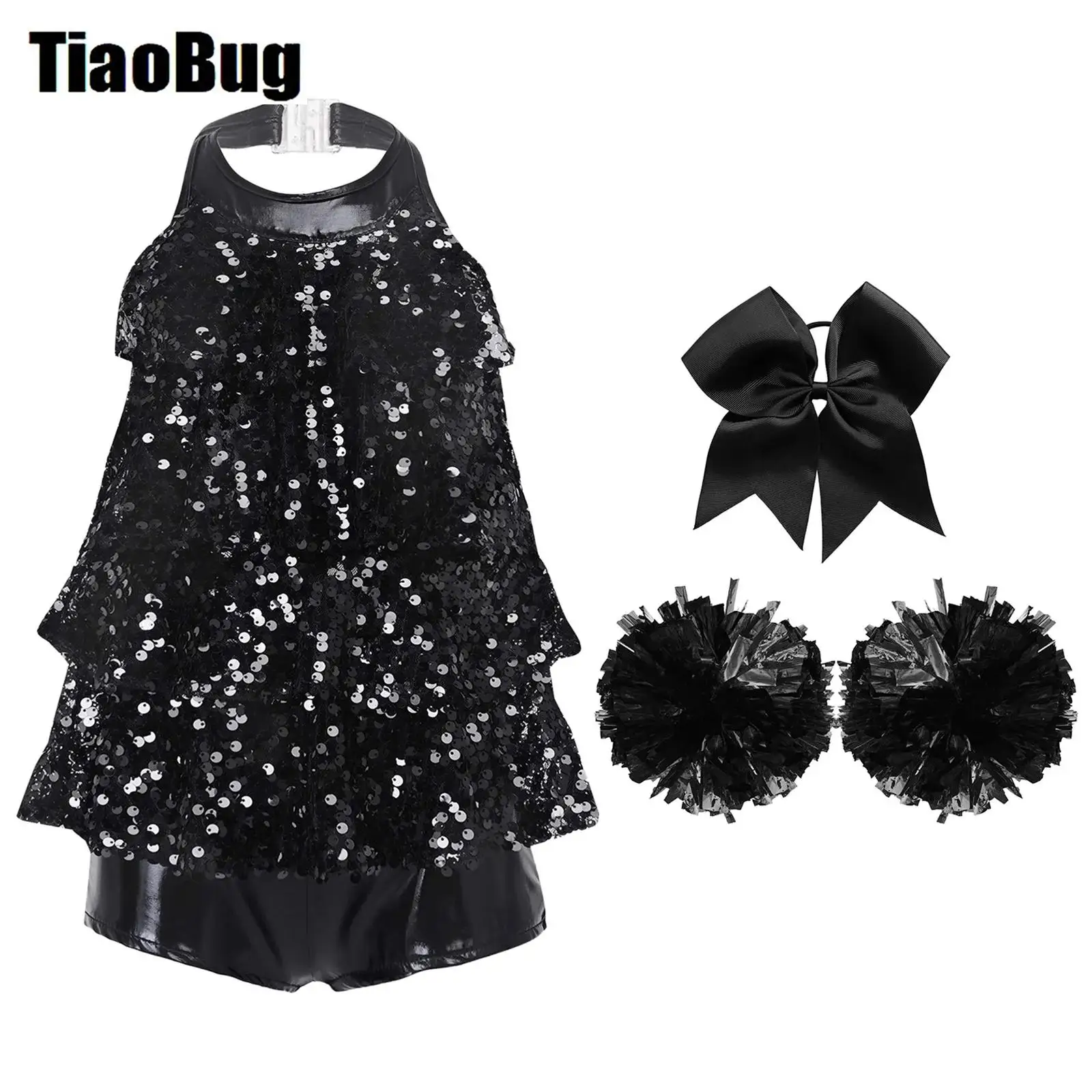 

Kids Girls Ballet Dress Cheerleading Sets Halter Shiny Sequins Dance Dress with 1Pc Bowknot Headwear And 2Pcs Flower Balls