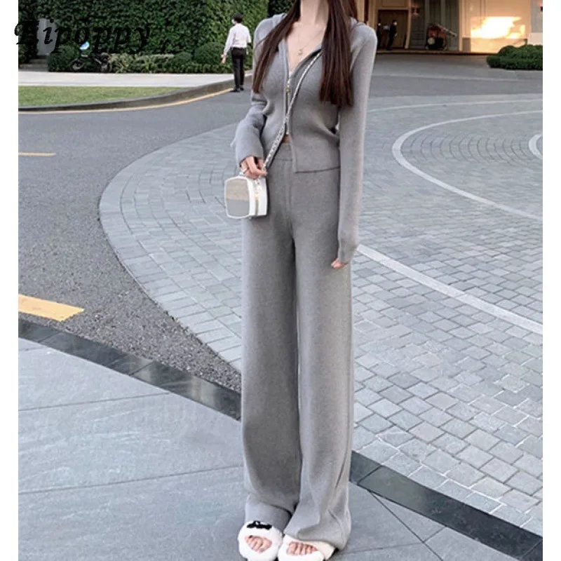 

Autumn and Winter New Wide-Leg Pants Sweater Suit Women's Hooded Casual Knitted Socialite Two-Piece Pants