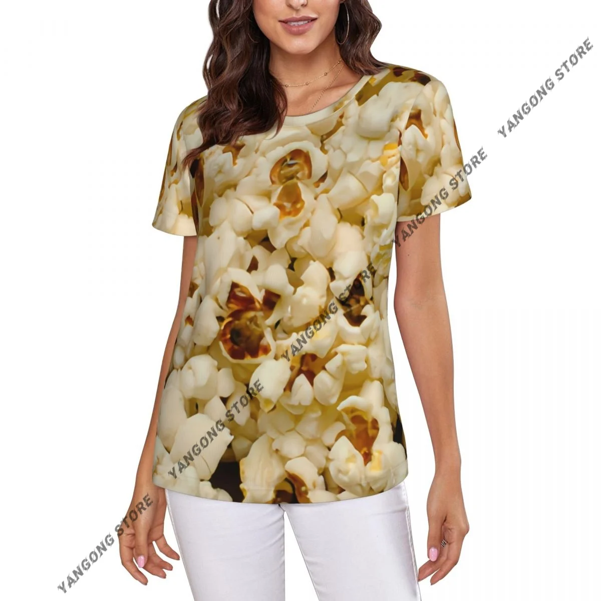 T Shirt Women Popcorn Background Tee Shirt Casual Round Neck Short Sleeve Streetwear Female T-Shirt