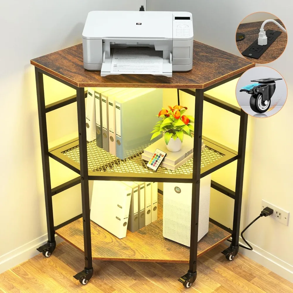 

Corner shelf, table with LED lights and charging station, 3-tier small corner table with wheels, frame adjustable storage shelf