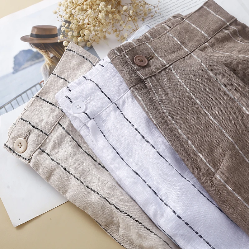 

Широкие брюки с высокой талией, женские прямые брюки из хлопка и льна в полоску, утягивающие брюки с девятью точками, повседневные брюки для отдыха