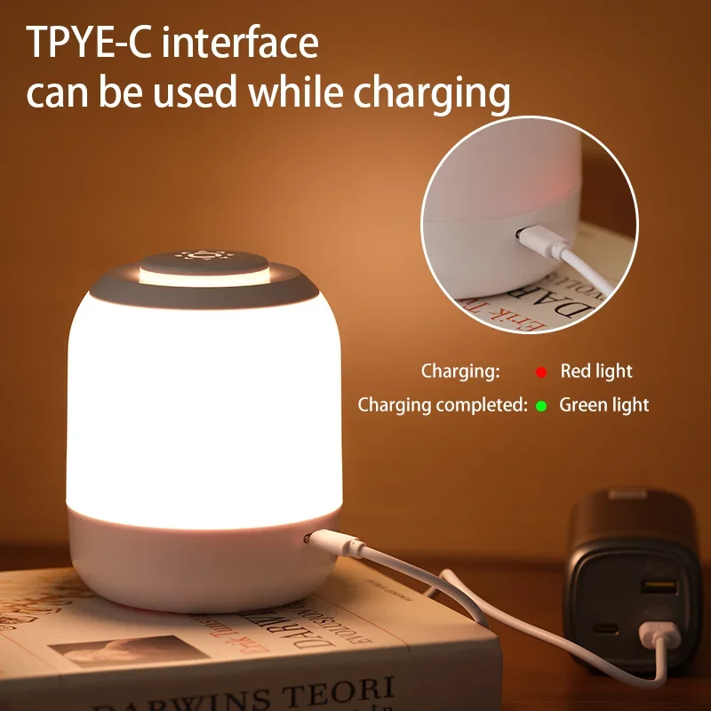 LED Night Light Rechargeable Touch Table Lamp Bedroom Bedside Lamp Three Color Temperature Dimmable Portable USB Desk Light Gift