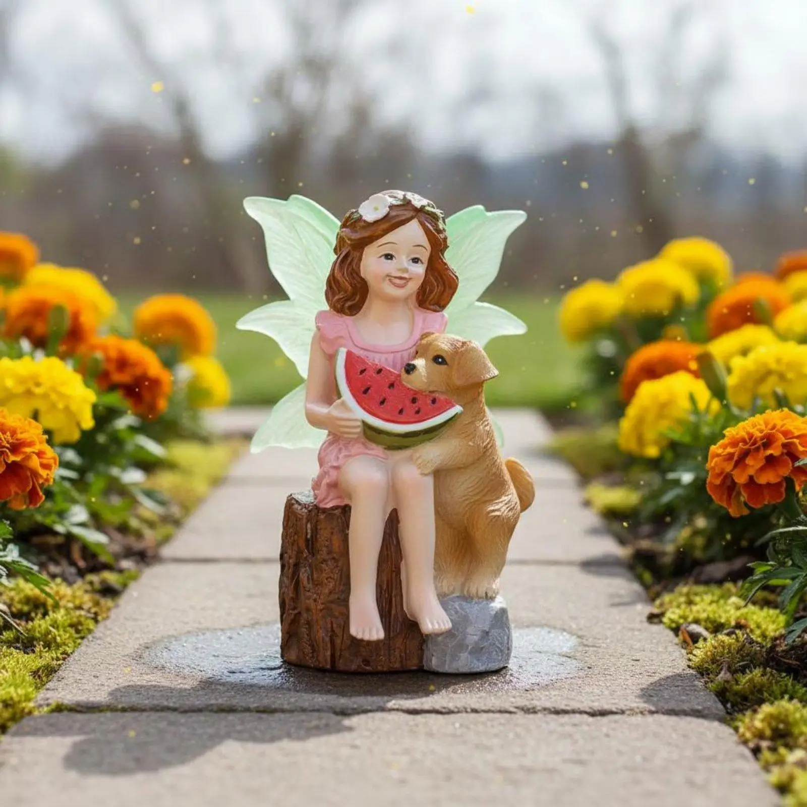 Child and Puppy Statue Cute Design Watermelon Fairy Figurine Gift Concept Garden Fairy Ornament for Flower Pot, Patio, Balcony