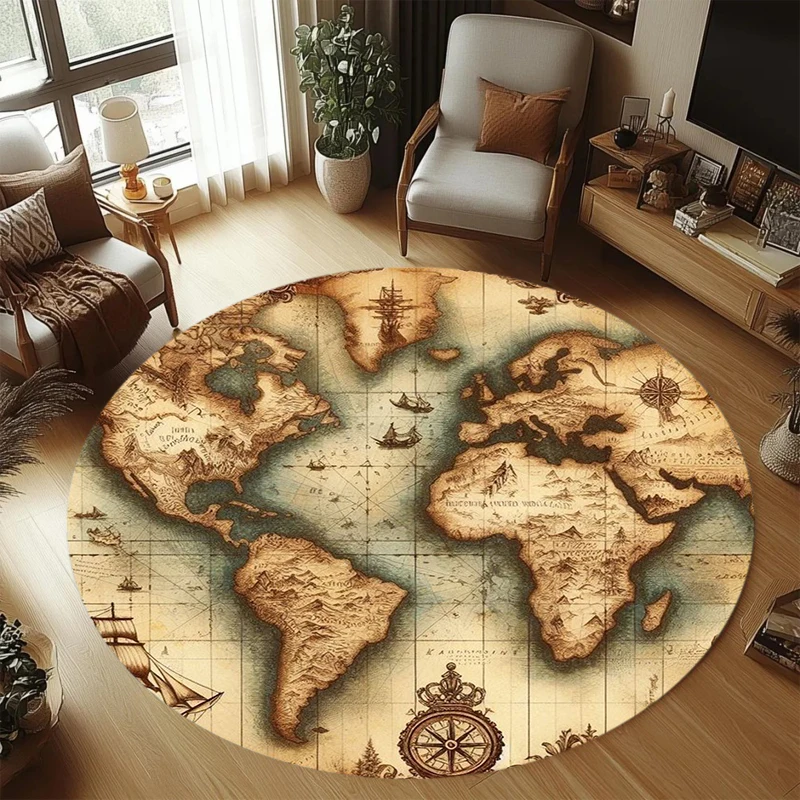 Round Carpet Children Play Games Carpet World Map Pattern Living Room Rug Bedroom Anti Slip Anti Dirty Foot Mat Home Decoration