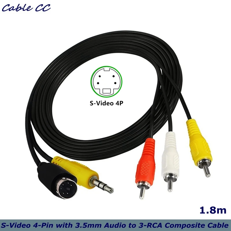 S-Video 4-Pin z 3.5mm Audio do 3-RCA kabel kompozytowy PC do TV, wideo & 3.5mm Audio do sygnał wizyjny i RCA L/R Audio 1.8m