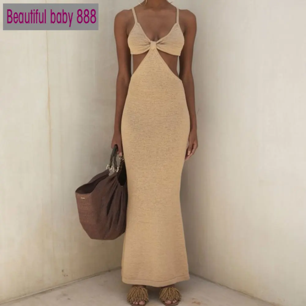 

Meqeiss New Spaghetti Strap Sexy Backless Maxi Dresses Sleeveless Sexy Women Dresses Party Club Elegant Hollow Dress Sundress