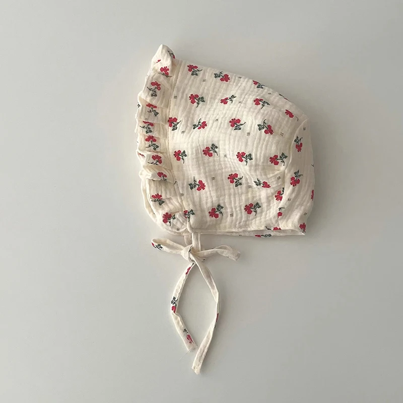 Korean Print Baby Sun Hat Cute Flower Cherry Infant Girls Princess Cap Spring Autumn Cotton Newborn Ear Protection Caps Bonnet