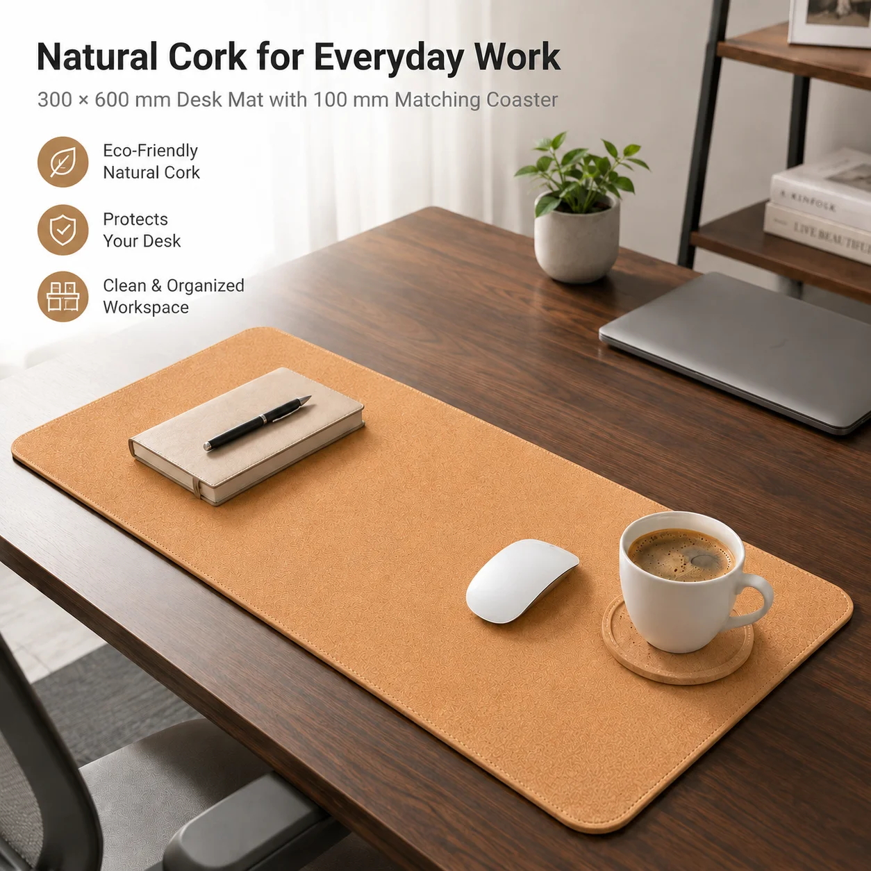 1 Set Eco-Friendly Cork Desk Mat With Matching Coaster, Large Natural Cork Mouse Pad, Desk Protector For Clean Office, Study
