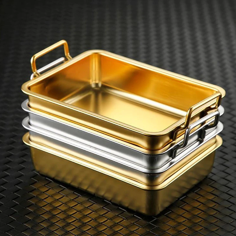 304 Stainless Steel Food Storage Tray with Handle Plates Silver Gold Metal Pastry Pan BBQ Snacks Sushi Dish Kitchen Utensils