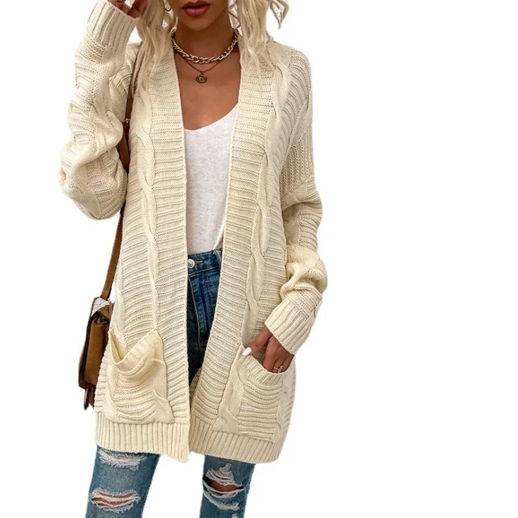 Autumn And Winter New Women's Knitted Twist Cardigan Sweater Medium And Long Twisted Rope Cardigan Jacket