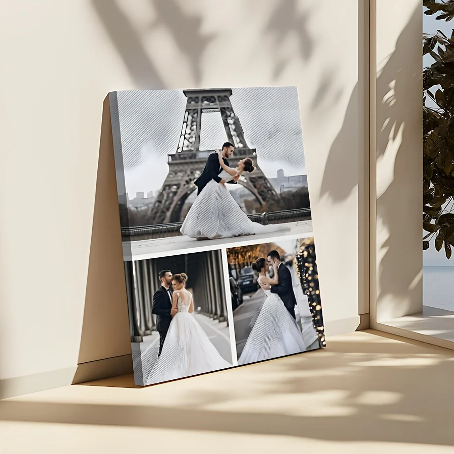 2D flat-1pc Framed Canvas Canvas Collage - Custom Multi-Image Wall Art with Eiffel Tower Wedding Scene, Personalized Photo Print for Bedroom, Living Room, or Hallway Decor, Ideal Gift for Home Decoration, Wall Decor-Wrapped Canvas view 2