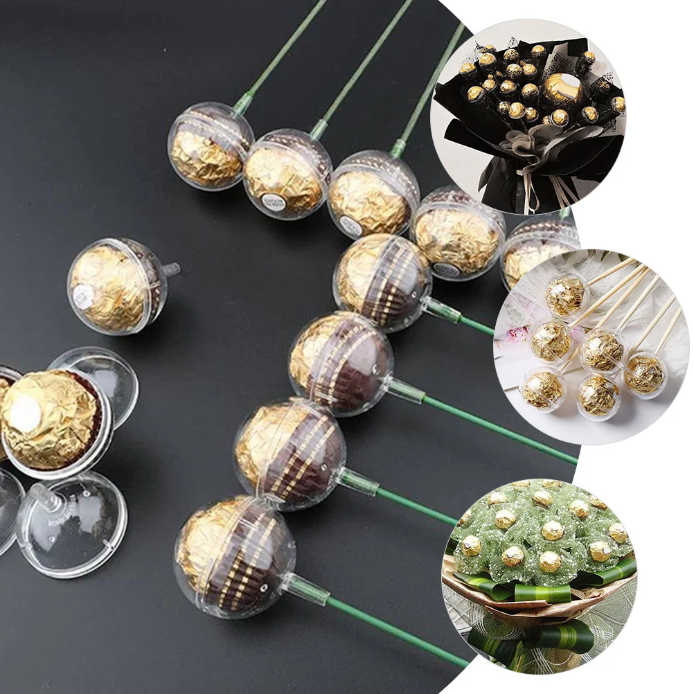 100 Pcs Round Chocolate Balls Mini Cupcake Holder Bamboo + Acrylic Flower Bouquet