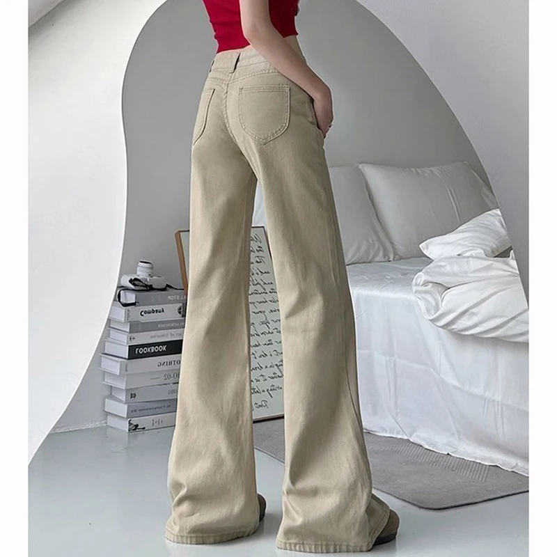 Girls Chic Khaki Low Waist Flared Jeans Women Retro Fashion Solid Denim Trousers Female Korean Thin Straight Leg Pants