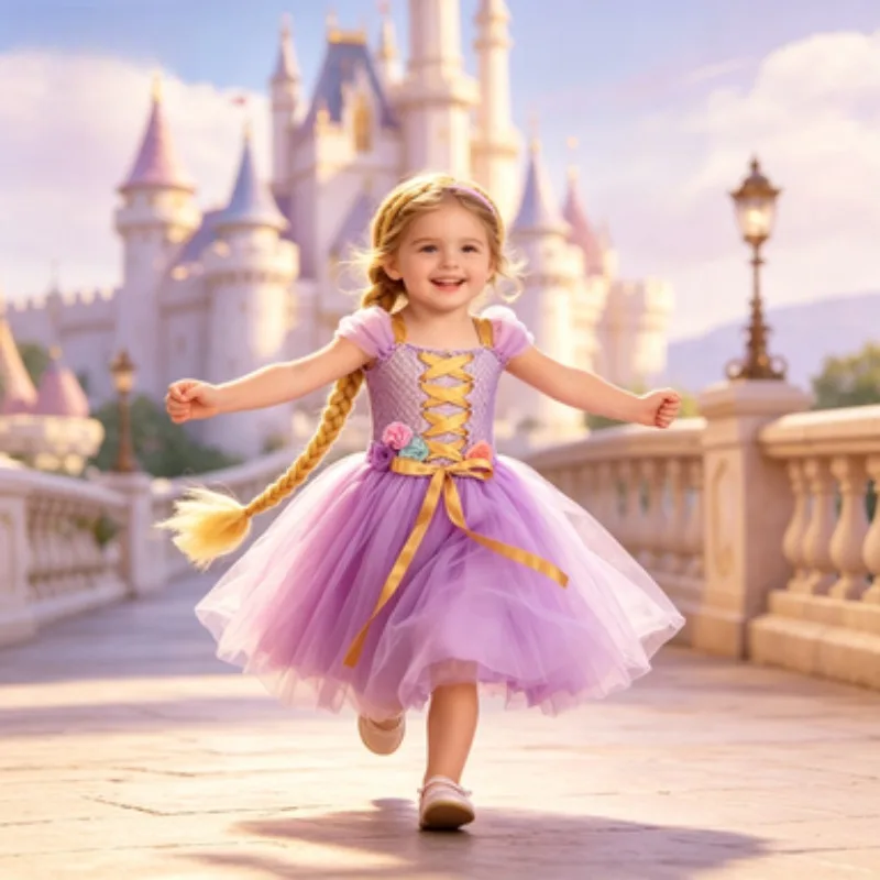 Girls' Purple Tulle Princess Dress with Headband, Kids' Festival Performance & Party Gown, Exquisite Halloween Cosplay Clothes