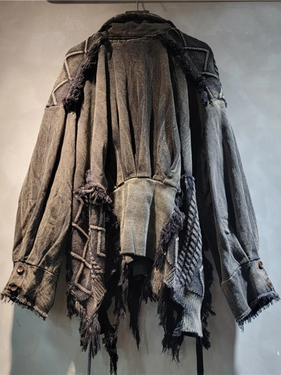 سترة GALCAUR سوداء مقسمة بشراشيب ملابس الشارع الشهير سترات نسائية فضفاضة بأكمام طويلة على طراز القفار سترات نسائية موضة خريف جديدة #2