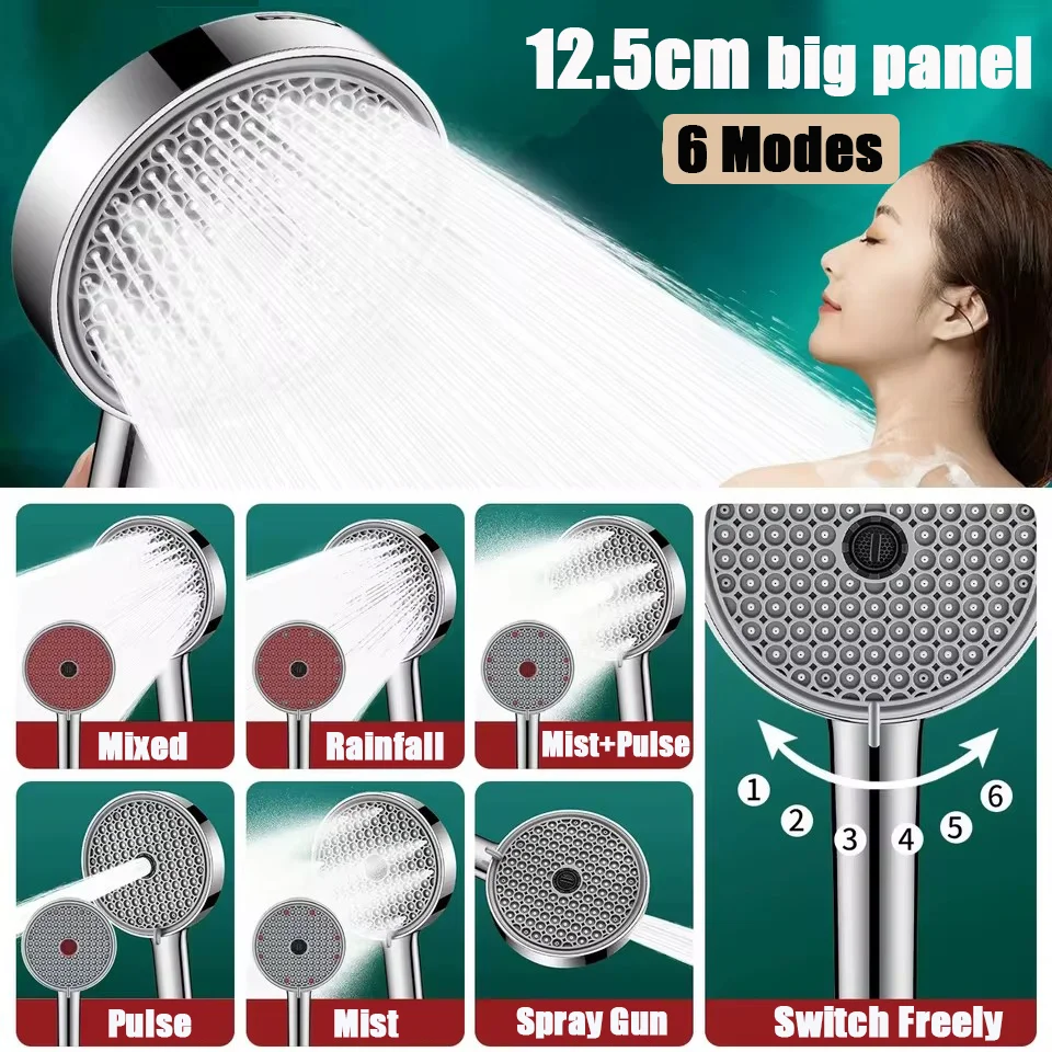 6 Modes Adjustable Pressure Boost Shower Head 12.5CM Big Panel High Pressure Large Flow Handheld Showerhead Bathroom Accessories view 3