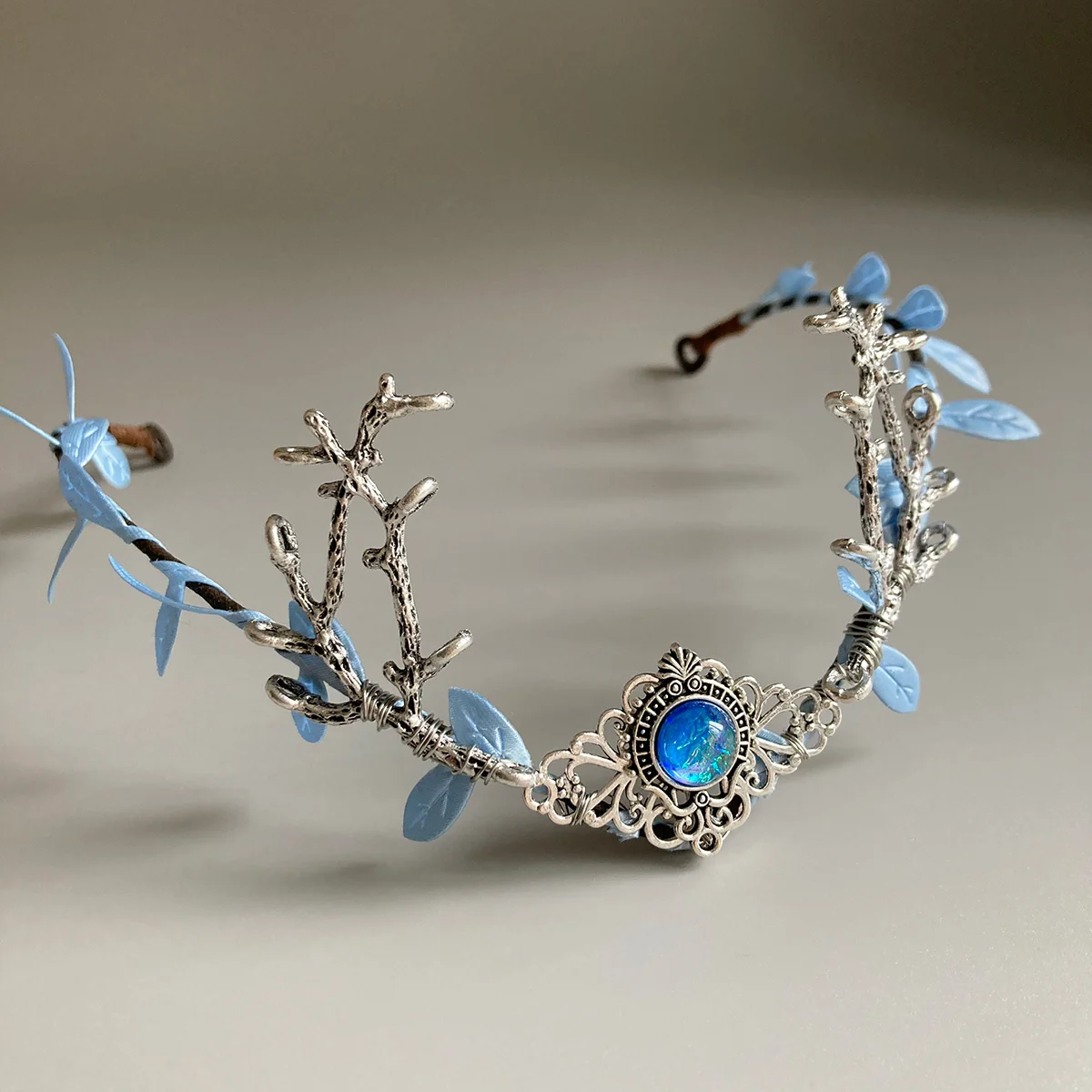 Light Blue Moon Woodland Tiara Bridal wedding Crown with Branches and Leaves For Girls Renaissance Cosplay Hallowe