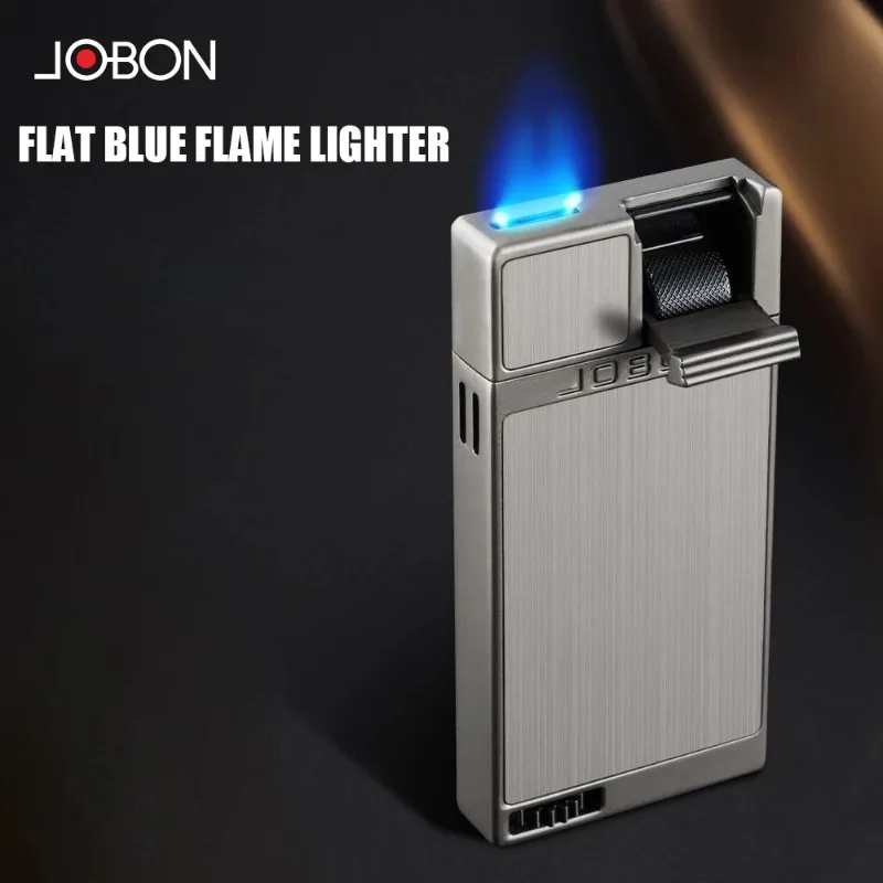 JOBON Flat Blue Flame Lighter Double-sided Relief Craft Pull-down Effortless Ignition Visible Gas Window Design Alloy Body