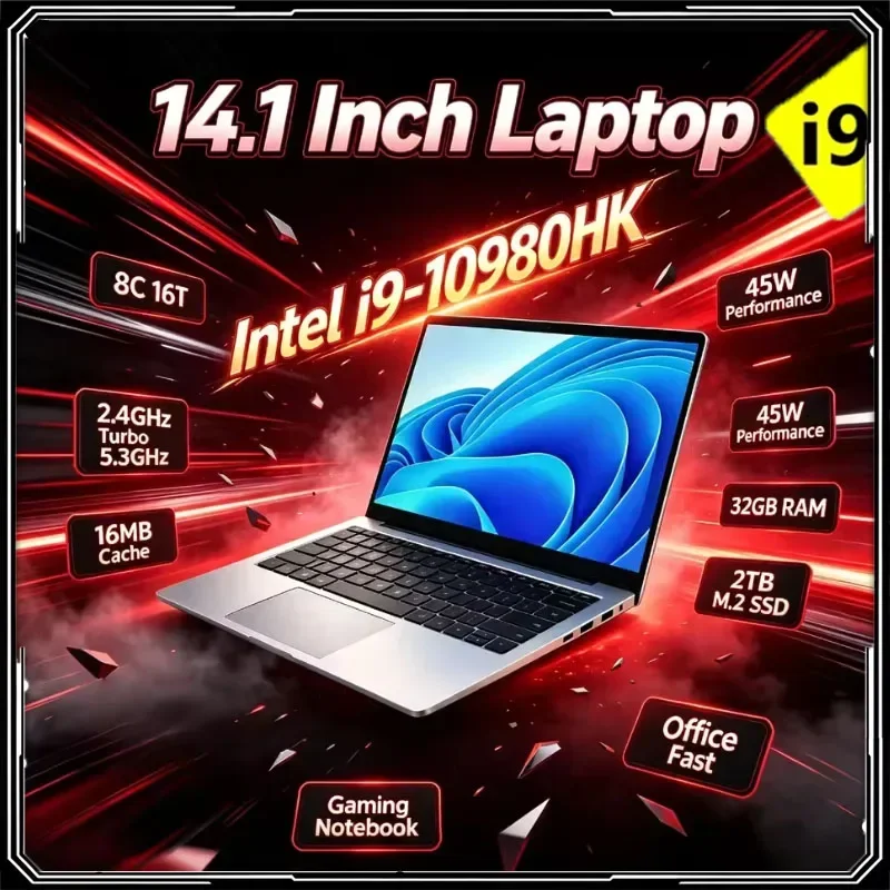 Intel Core I9 10980HK 14.1'' Ultra-thin Laptop 16MB 32GB RAM 1TB 2TB SSD Portable Gaming Notebook Office Study Work Daily Use