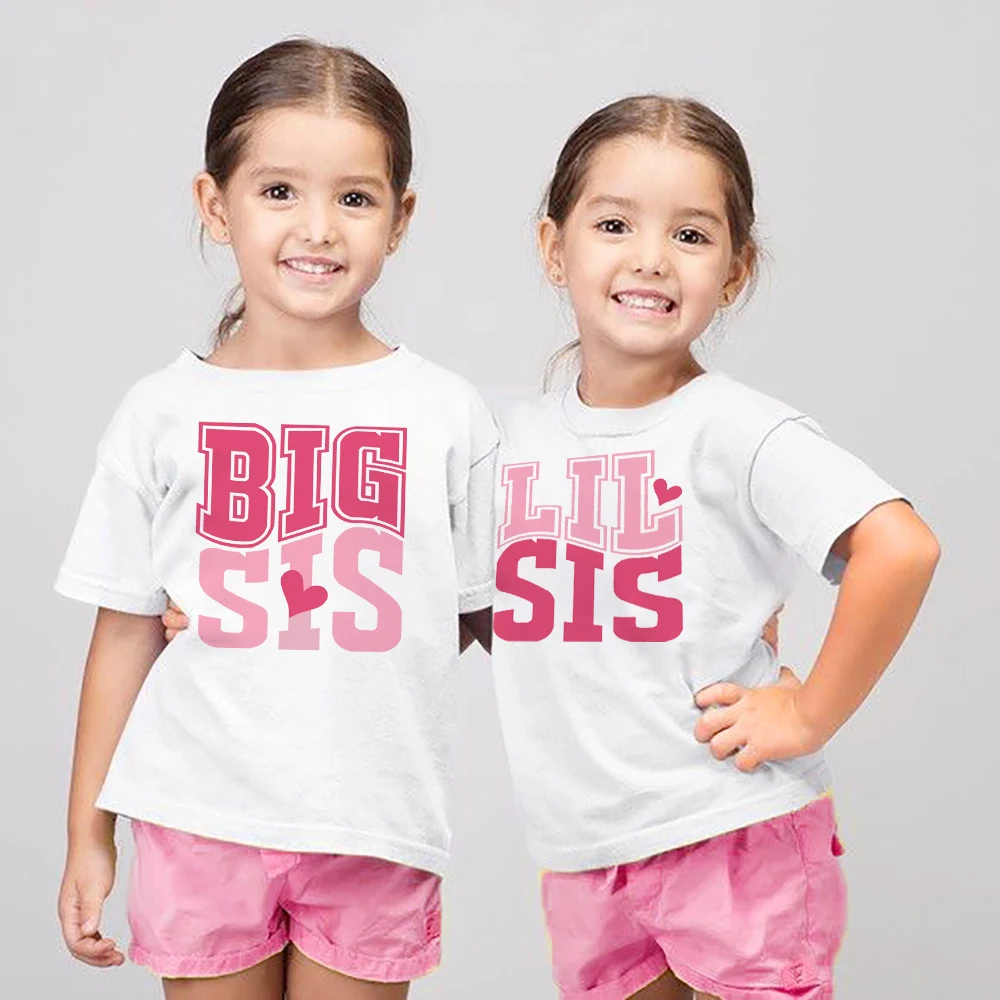 Big Sister Little Sister Print Girls T-shirt Sibling Matching Outfit Tee Boys Girls Short Sleeve Tops Summer Child Tops Clothes