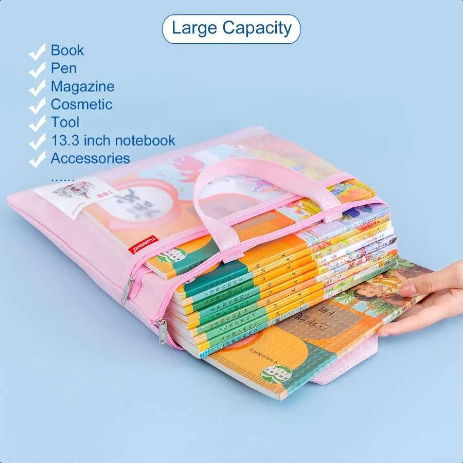 Mesh Zipper Pouch 11x13.7 in Large Double Pocket Waterproof File Bag with Handle A4 Size Foldable Document Storage for Puzzle P