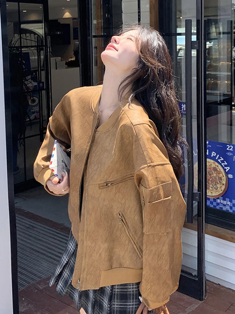 Jmprs Fall Faux Suede Jacket Women Loose Y2K Long Sleeve Streetweear Coat Vintage Casual O Neck American Zipper Coffee Outwear