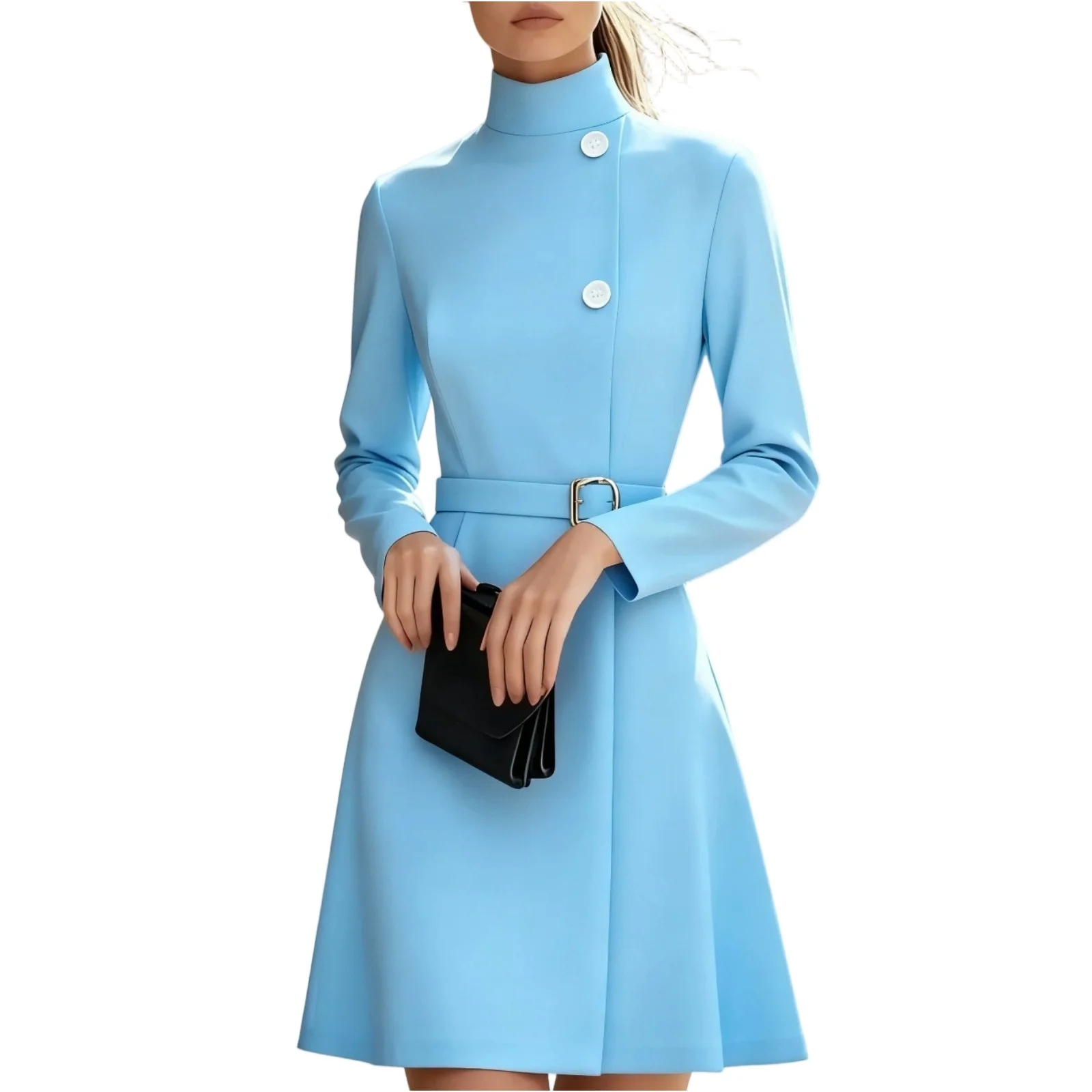 เดรสทรงเอ คอเต่า แขนยาว สีพื้น สำหรับฤดูใบไม้ร่วงและฤดูหนาว ดีไซน์หรูหรา กระดุมผ่าหน้า เอวสูง มีกระเป๋า เหมาะสำหรับใส่ทำงานหรือใส่ลำลองในงานปาร์ตี้