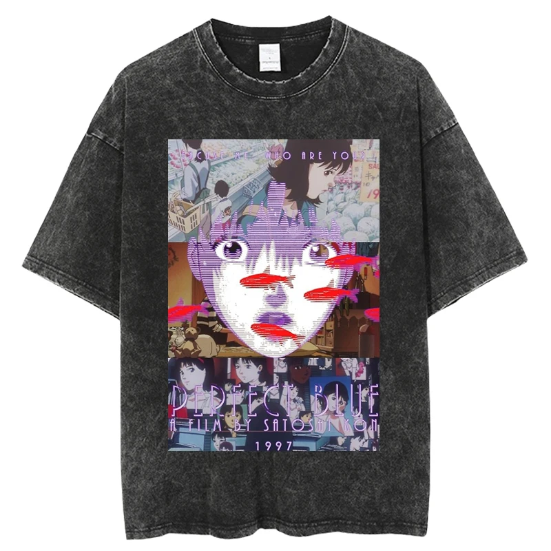 Japanese Anime Vintage Washed Perfect Blue T Shirt Summer Men Women Oversize Casual O-Neck Cotton Short Sleeve  T Shirt