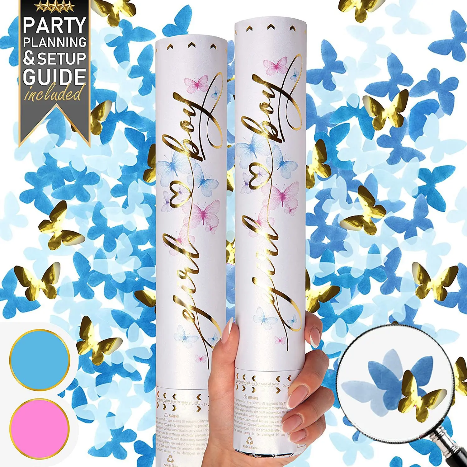 

Gender reveal party confetti cannons - butterfly confetti salute - hand twist confetti cannons for celebration
