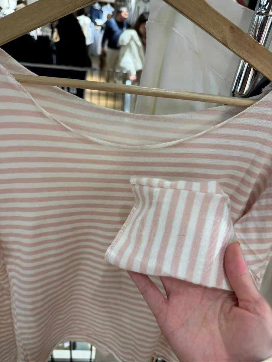 New Sweet Pink Striped Long Sleeve T-shirt Women Spring Cotton Raw Hem Slash Neck Slim Tee Tops Casual Preppy Style Y2K T shirt