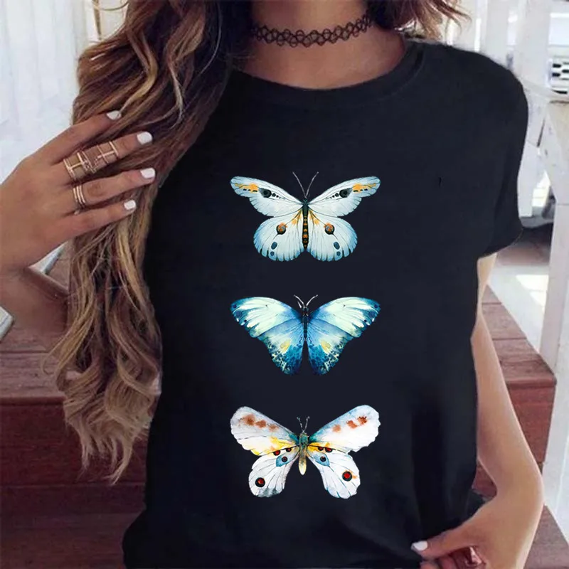 Woman Butterfly Tree Print Harajuku Summer Tshirts Casual Round Neck Short Slee Top Tee Shirt Women Black T-shirt Drop Ship