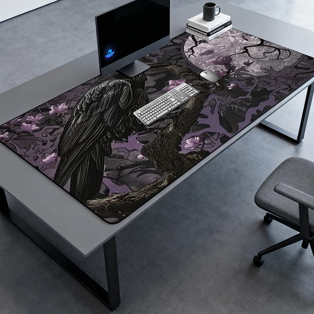 Gothic Mousemat Desk Mat Gaming Raven 180x60 Dark Full Desk Pad Floral Purple Cherry Blossom Aesthetic Accessories Deskmat