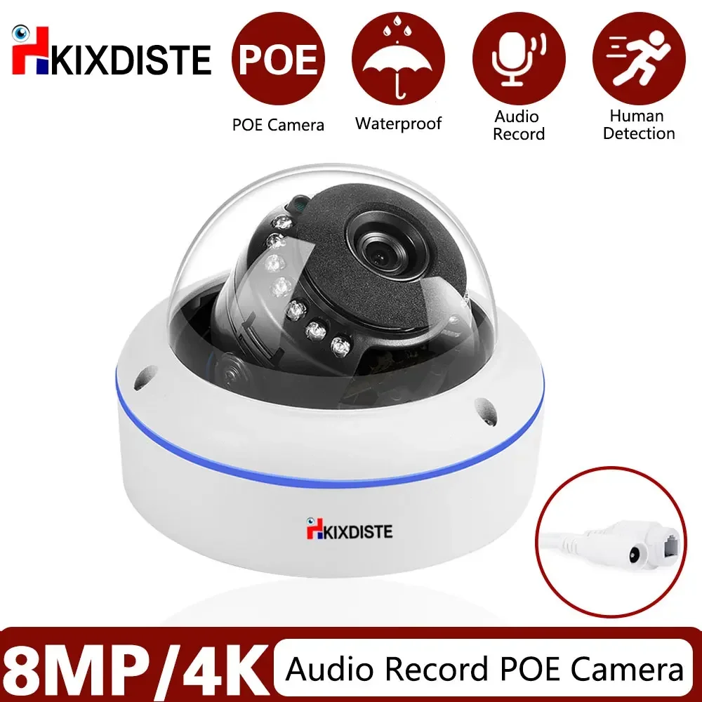 8MP 4K POE IP Camera Home Security Protection Audio Vandalproof Dome Night Vision 30m Surveillance Camera Support 10CH POE NVR